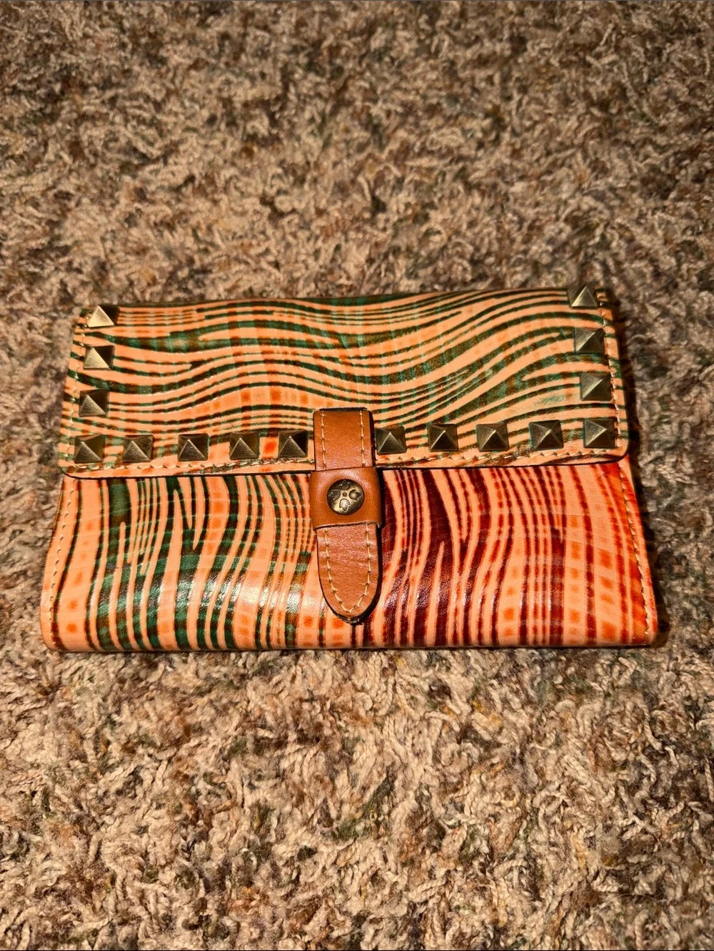 Patricia Nash Multicolor Striped Studded Leather Wallet in Orange, Green & Brown